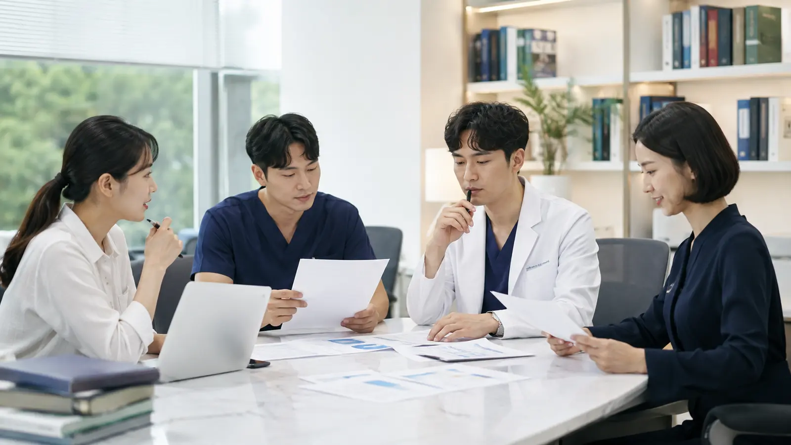병원 원장과 마케팅 담당자가 여러 제안서를 비교하는 회의