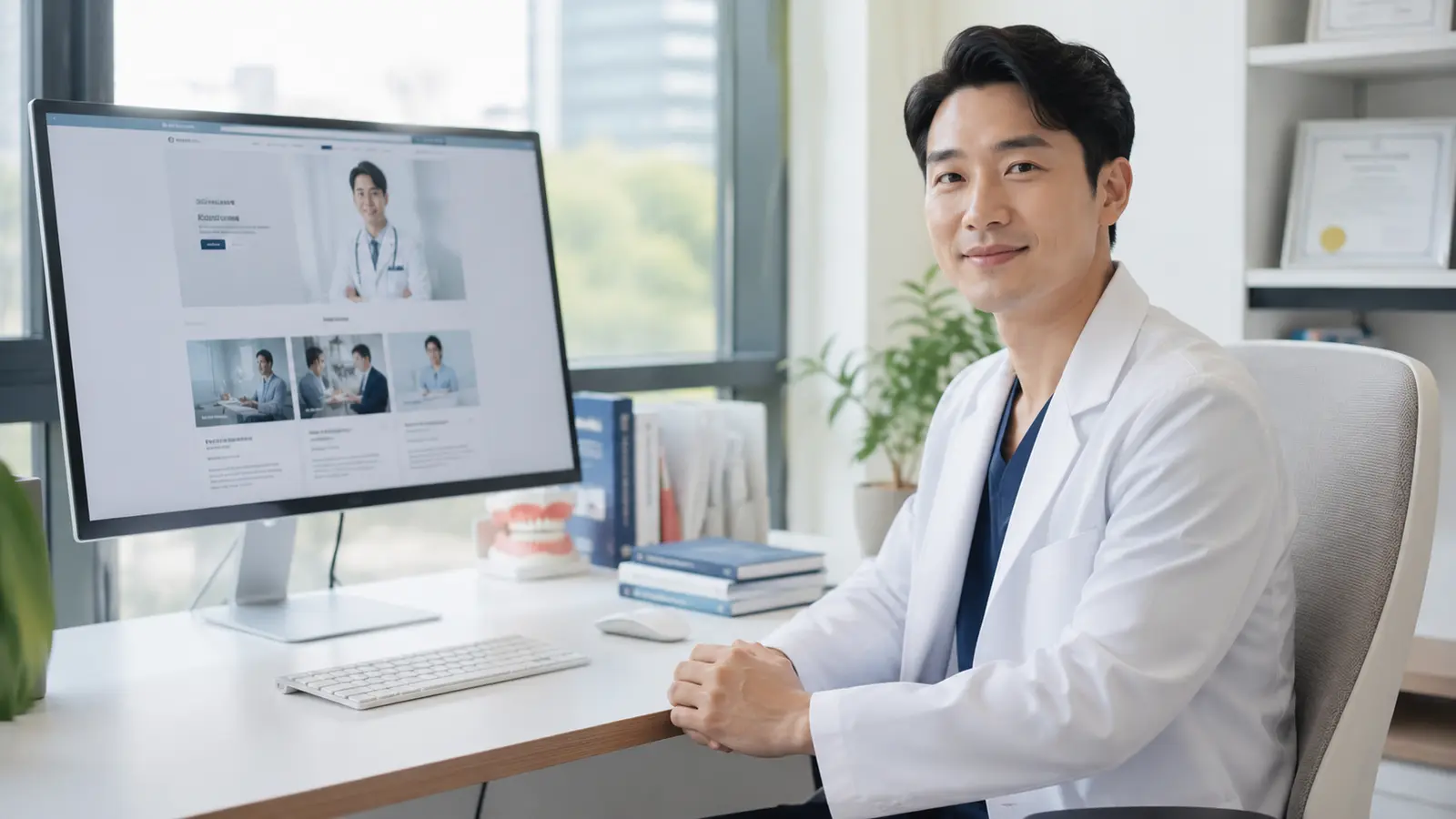 밝은 치과에서 자연스러운 의료진 사진을 촬영하는 모습